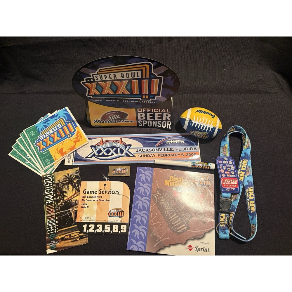 Vintage NFL Super Bowl XXXIII XXXIX Memorabilia Lot Lanyard Football Ephemera